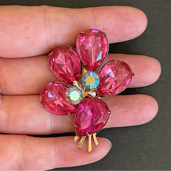 Vintage hot pink rhinestone brooch & clip on earrings sets.